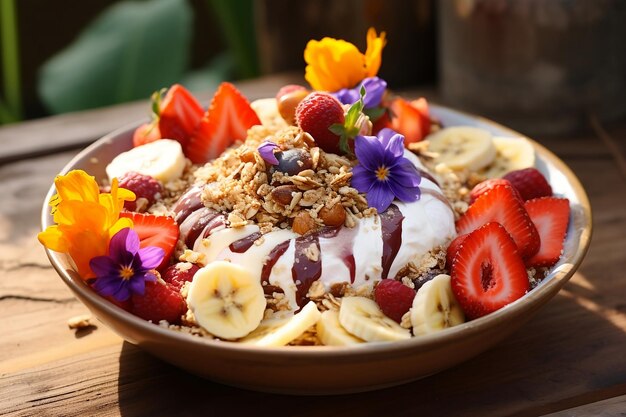 Granola in a plate with yogurt and fruit strawberries banana