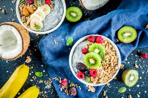 Granola with chia seeds yogurt, fresh fruit and berries