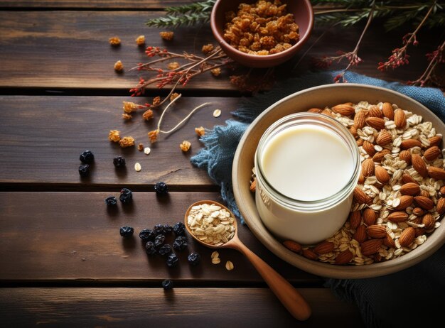 Granola with milk for breakfast