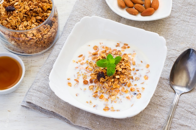 Granola with milk, honey and nuts.