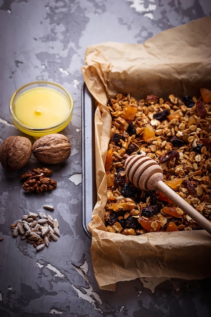 Granola with nuts and dried fruit. 