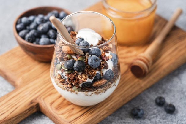 Granola with yoghurt and fresh blueberries