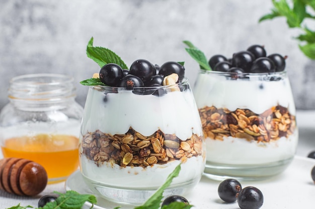 Granola with yogurt and blackcurrant in a glass