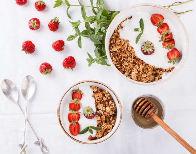 Granola with yogurt. Summer healthy breakfast