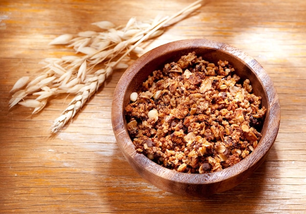 Granola in a wooden bowl