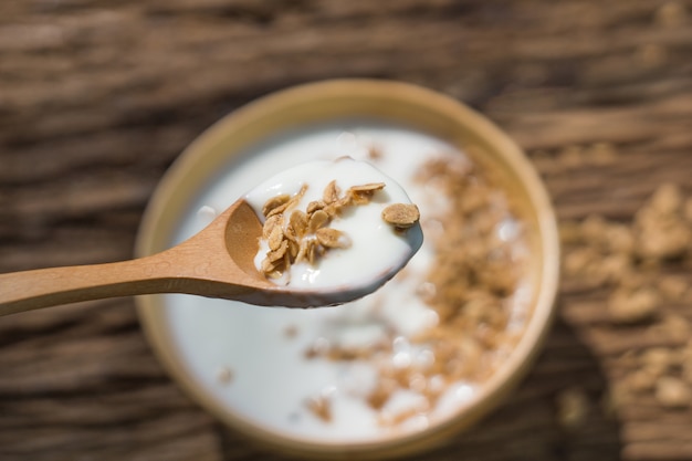 granola yogurt on spoon with blur background