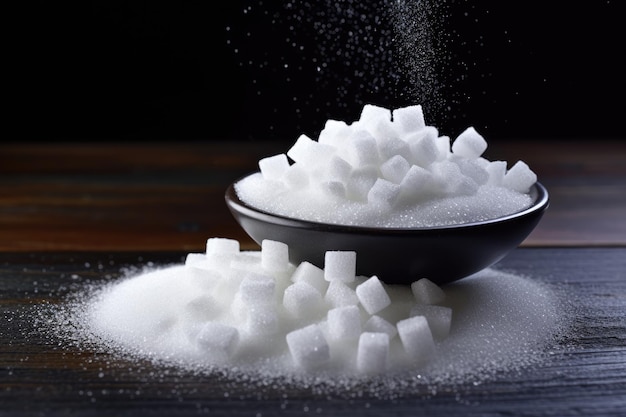 검정색 배경에 있는 탁자 위에 알갱이 설탕과 정제된 설탕