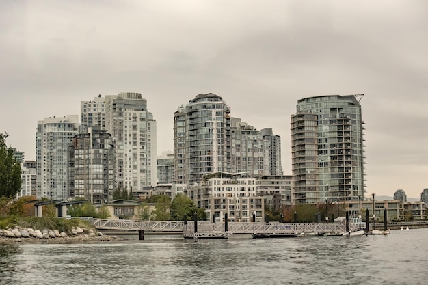 Granville island marina and residential buildings in Vancouver downtown Canada