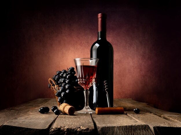 Grape in basket with wine on a wooden table