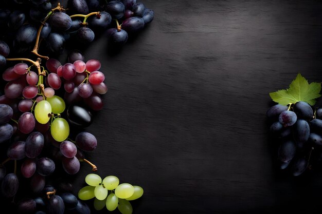Grape composition flat lay with free space for copy black wood background