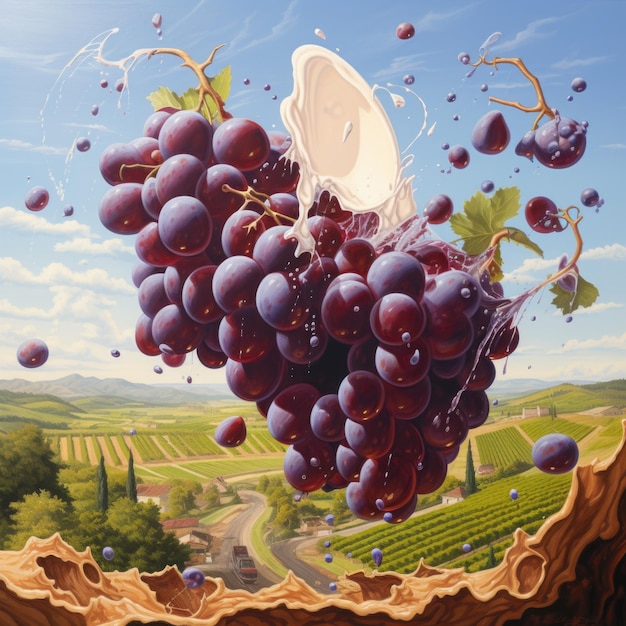 Виноград, окунутый в вино с брызгами и волнами