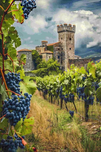grape fields against the backdrop of a medieval castle generative ai
