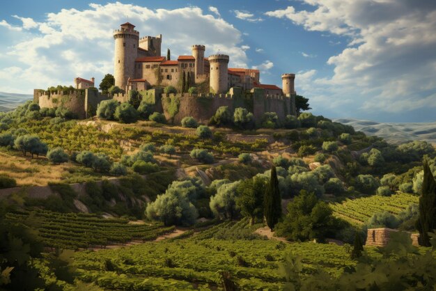 Photo grape fields against the backdrop of a medieval castle generative ai