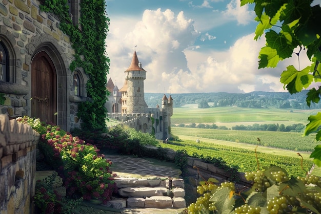 виноградные поля на фоне средневекового замка Генеративный ИИ