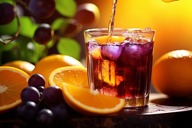 Photo grape juice being poured into a glass with a background of grape clusters