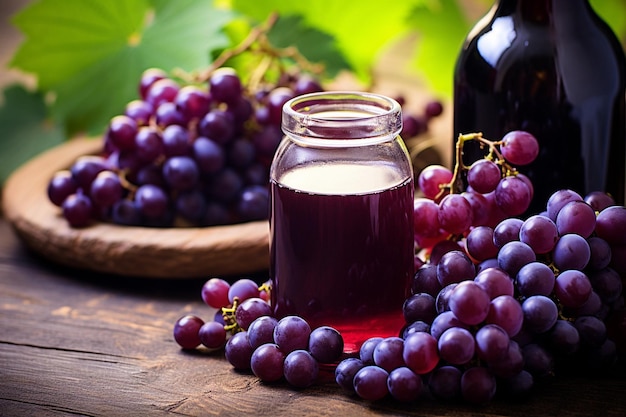 Photo grape juice in bottle next to a brunch of grape on wooden background