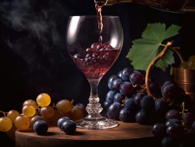 Grape juice pouring into a glass with surrounded by grape Generative AI