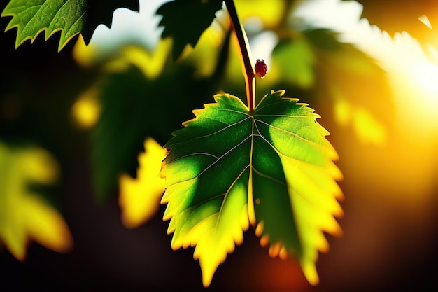 Виноградные листья под солнечным светом зеленой природы на размытом боке ярком фоне