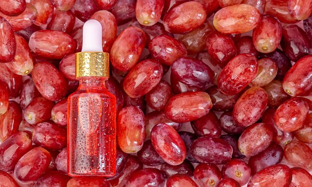 Grape seed oil in a bottle lies on the berries of red fresh juicy grapes