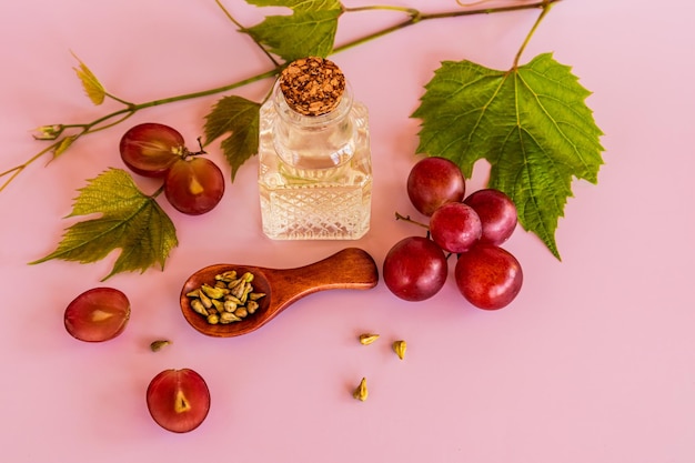 Масло виноградных косточек в стеклянной бутылке из тисненого стекла на розовом фоне и виноградная лоза концепция омоложения, увлажнения и расслабления