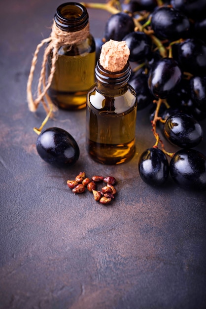 Grape seeds oil in small bottles