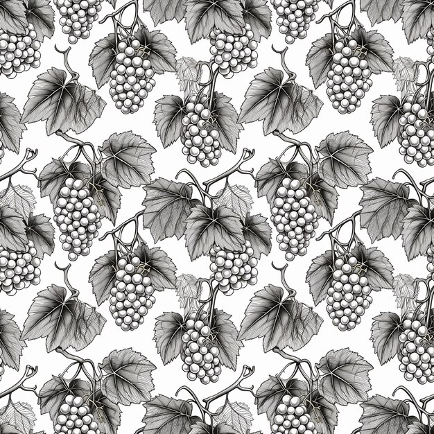 Grape Sketch Seamless Pattern Hand Drawn Vine Grapes Sketched Vineyard Design Engraving Berries