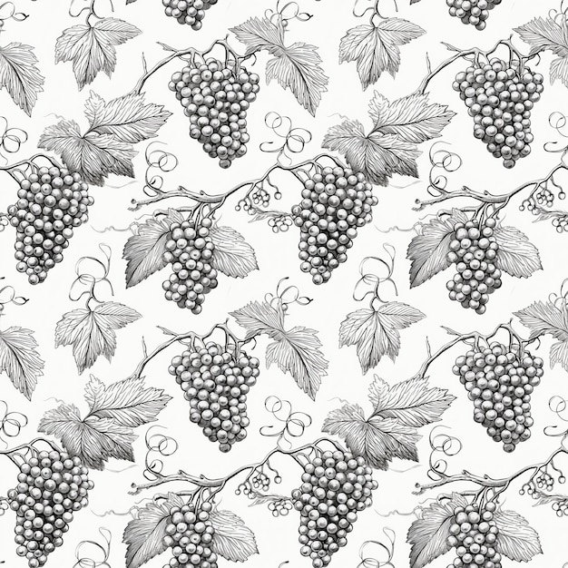 Grape Sketch Seamless Pattern Hand Drawn Vine Grapes Sketched Vineyard Design Engraving Berries