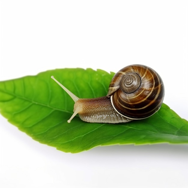 Foto la lumaca dell'uva striscia su una foglia verde su sfondo bianco