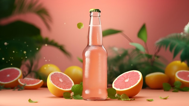 Grapefruit beer Bottle of craft citrus beer Fruit beer in transparent bottle on trendy pastel pink background Minimalistic concept Creative commercial image of juicy grapefruit ale Generative AI