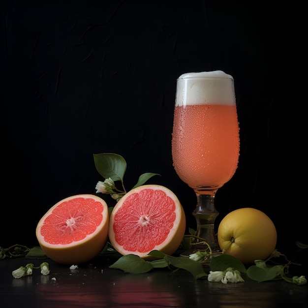 Grapefruit beer Glass of craft citrus beer Fruit beer in a high glass on dark background low key rustic style Close up of a juicy glass of grapefruit ale Generative AI