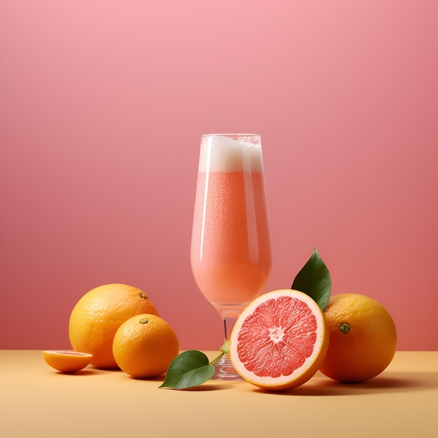 Photo grapefruit beer glass of craft citrus beer fruit beer in a high glass on a trendy pastel pink background minimalistic concept close up of a juicy grapefruit ale generative ai