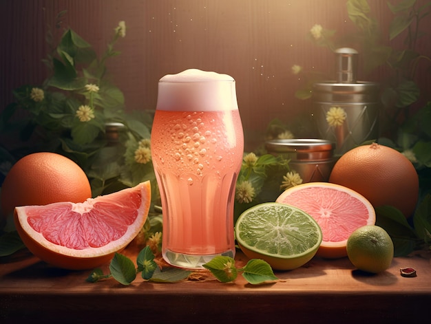 Photo grapefruit beer glass of craft citrus beer fruit beer in a high glass on wooden background rustic style close up of a shiny juicy glass of grapefruit ale generative ai