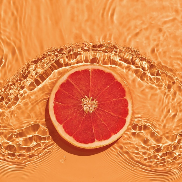 Grapefruit citrus fruit in fresh water with waves on bright background