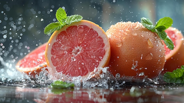 Grapefruit en munt onder een cascade van waterdruppels een levendige splash geïsoleerd op wit een verfrissend en schoon beeld AI Generative