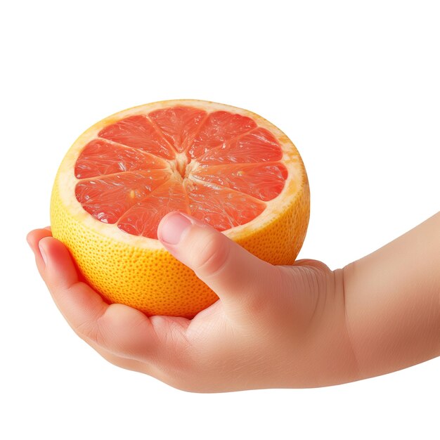 Grapefruit in de hand van een kind, geïsoleerd op een witte of doorzichtige achtergrond.