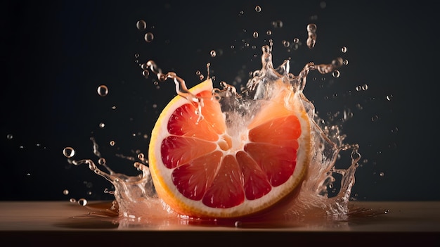 A grapefruit is being dropped into a water splash.