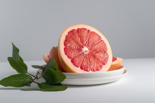 A grapefruit is on a plate with green leaves.