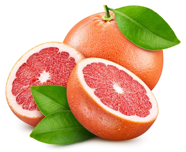Грейпфрут изолирован на белом фоне Вкус грейпфрута с листом Полная глубина резкости с обтравочным контуром