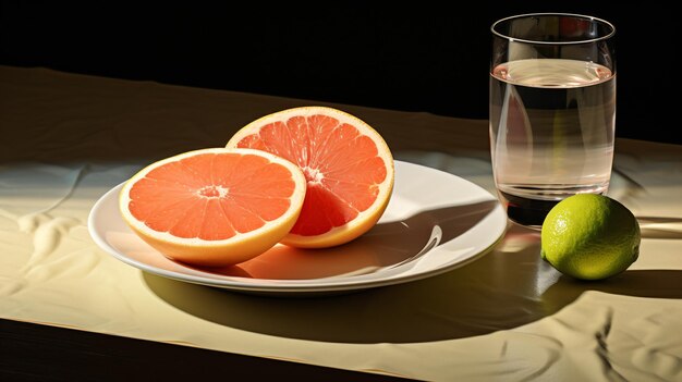 A grapefruit and a lime on a plate with a glass of water