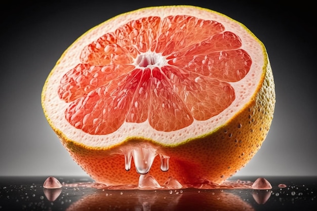 Grapefruit met waterdruppeltjes op een zwarte oppervlakte generatieve ai