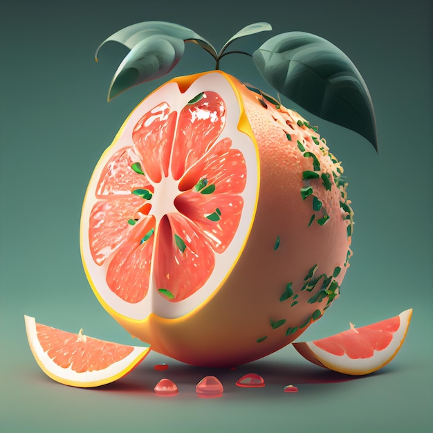 Grapefruit op een groene achtergrond 3D-rendering 3D illustratie