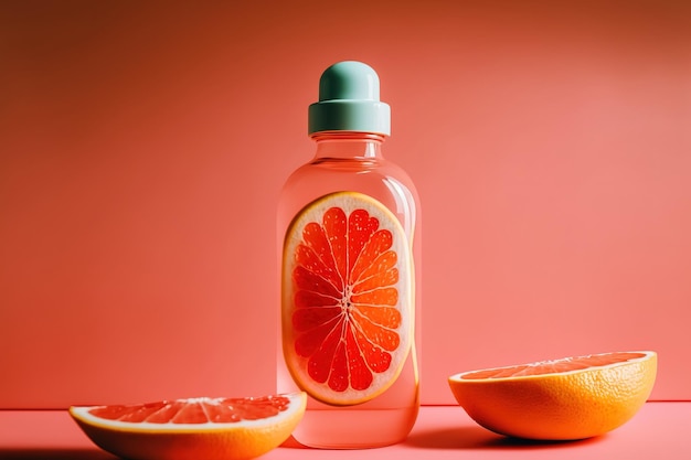 Grapefruit slices in water with a cosmetics bottle and a colored background