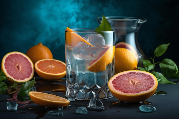 Grapefruit Splash verfrissende cocktail op blauwe achtergrond met gesneden citrus