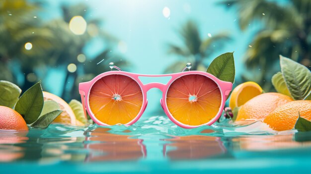 grapefruit sunglasses floating with tropical fruits