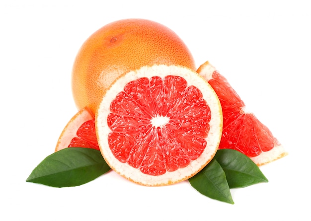 Grapefruit with half slice and leaves isolated on white space with clipping path. Grapefruit isolated, grapefruits.