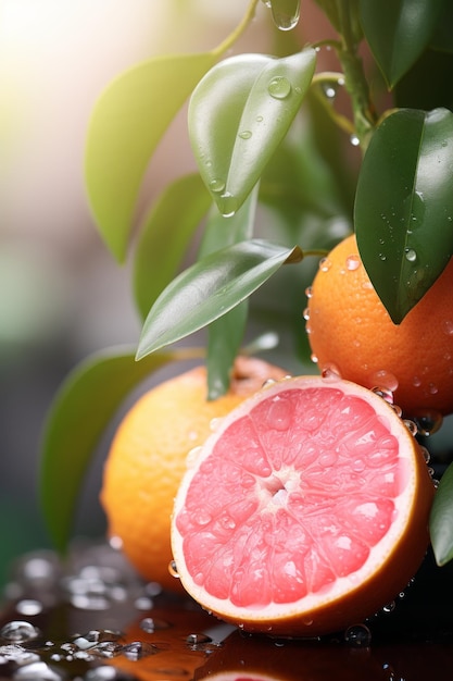 Photo grapefruit with leaves and water droplets on a table