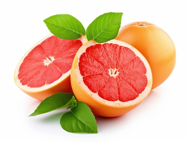 Grapefruit with slices and green leaves isolated on white background