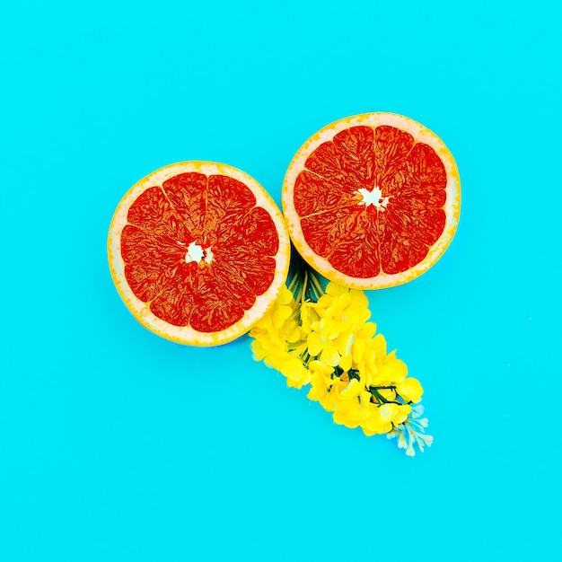 Grapefruit and Yellow Flowers Minimal art. Design