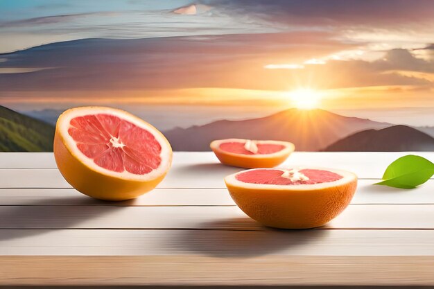 Grapefruitplakken op een tafel met een zonsondergang op de achtergrond