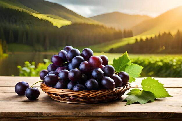 Grapes are placed in a basket on a table